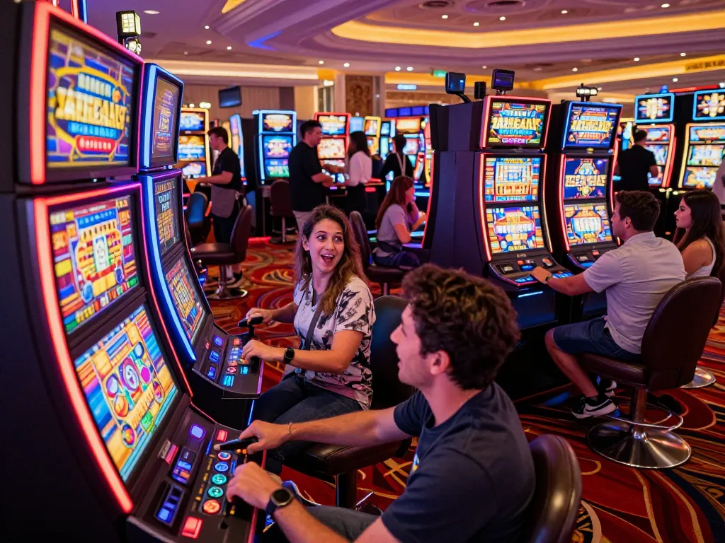 Engaged players enjoying vibrant slot machines at fyhot casino, capturing thrilling gambling moments