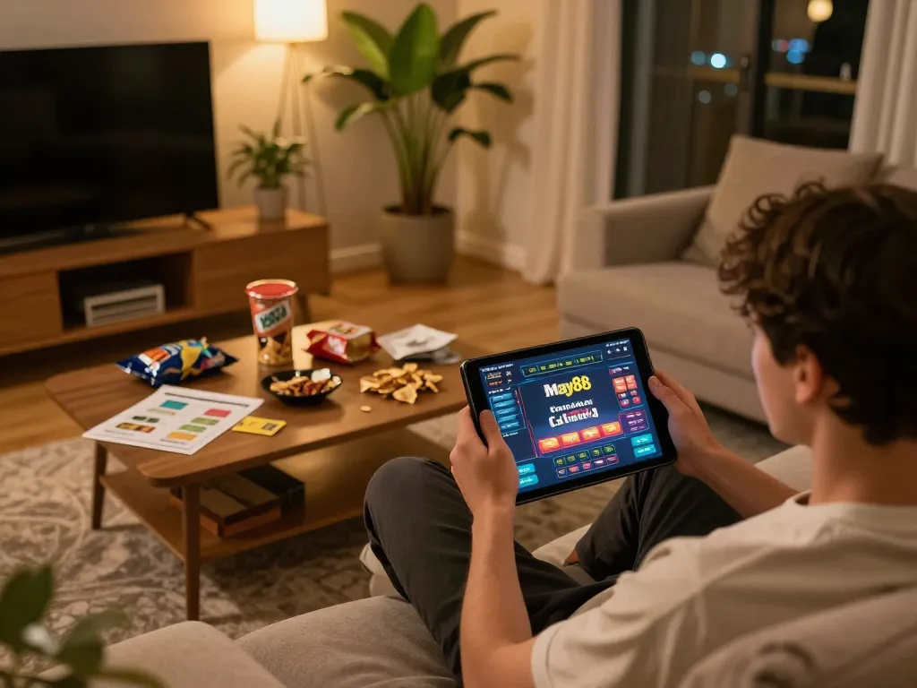 Engaging player navigating link may88 casino interface on tablet in a cozy home setting