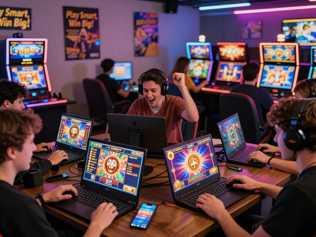 Players enjoying thrilling slot games with vibrant graphics on laptops and mobile devices.