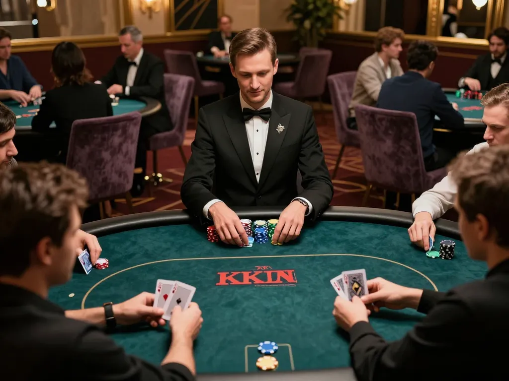 Players engage in intense poker action at KKwin casino, showcasing strategic gameplay and luxury atmosphere.