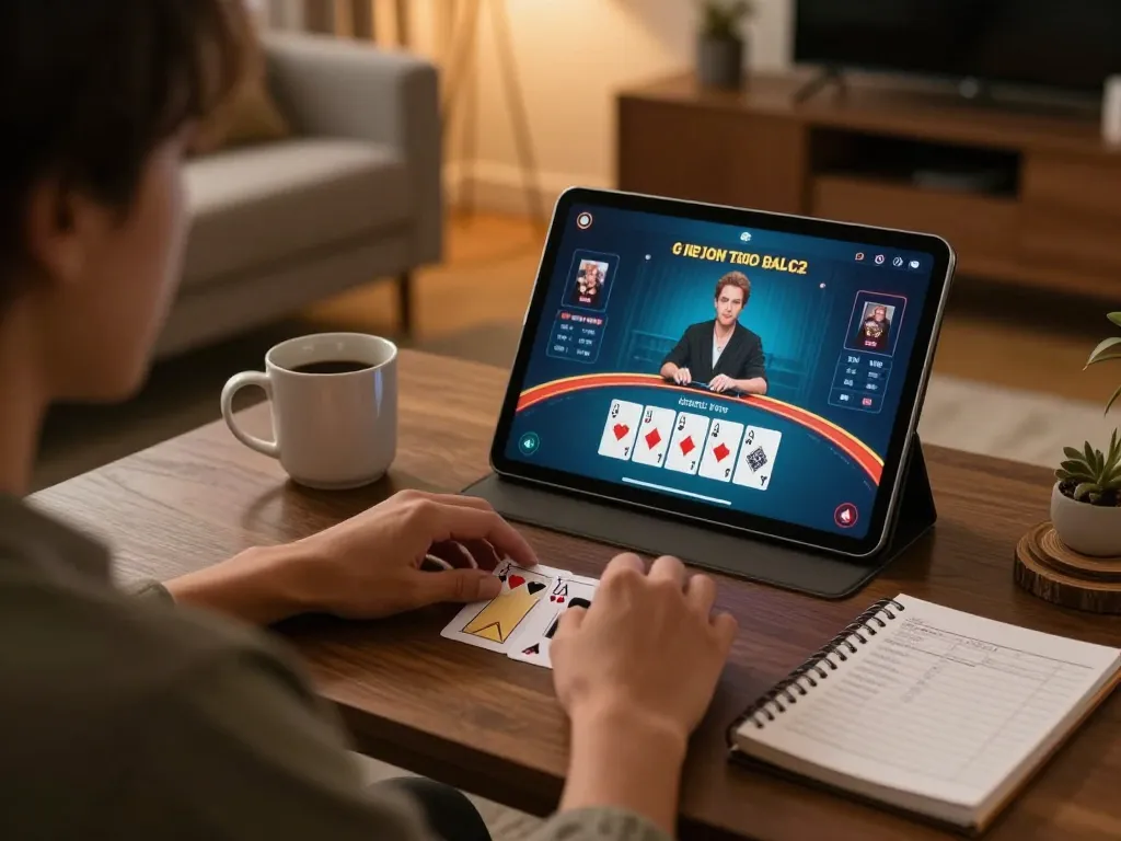 Player engaged in blackjack at home using sky88 tablet, cozy modern setting with ambient lighting.