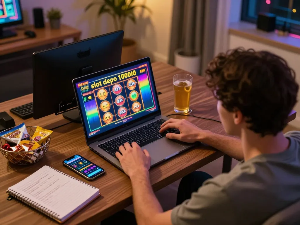 Engaged player enjoying slot depo 10000 on laptop, showcasing a vivid online gaming experience