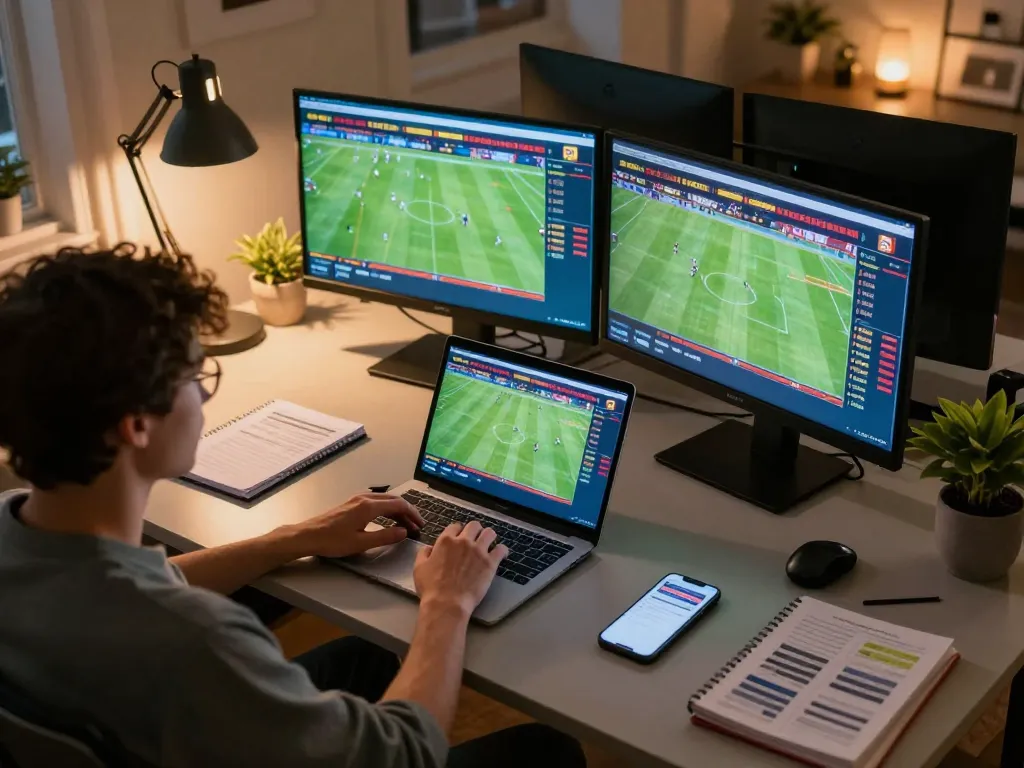 Kèo nhà cái analysis with user engaging in sports betting on laptop and smartphone, showcasing live games and odds.