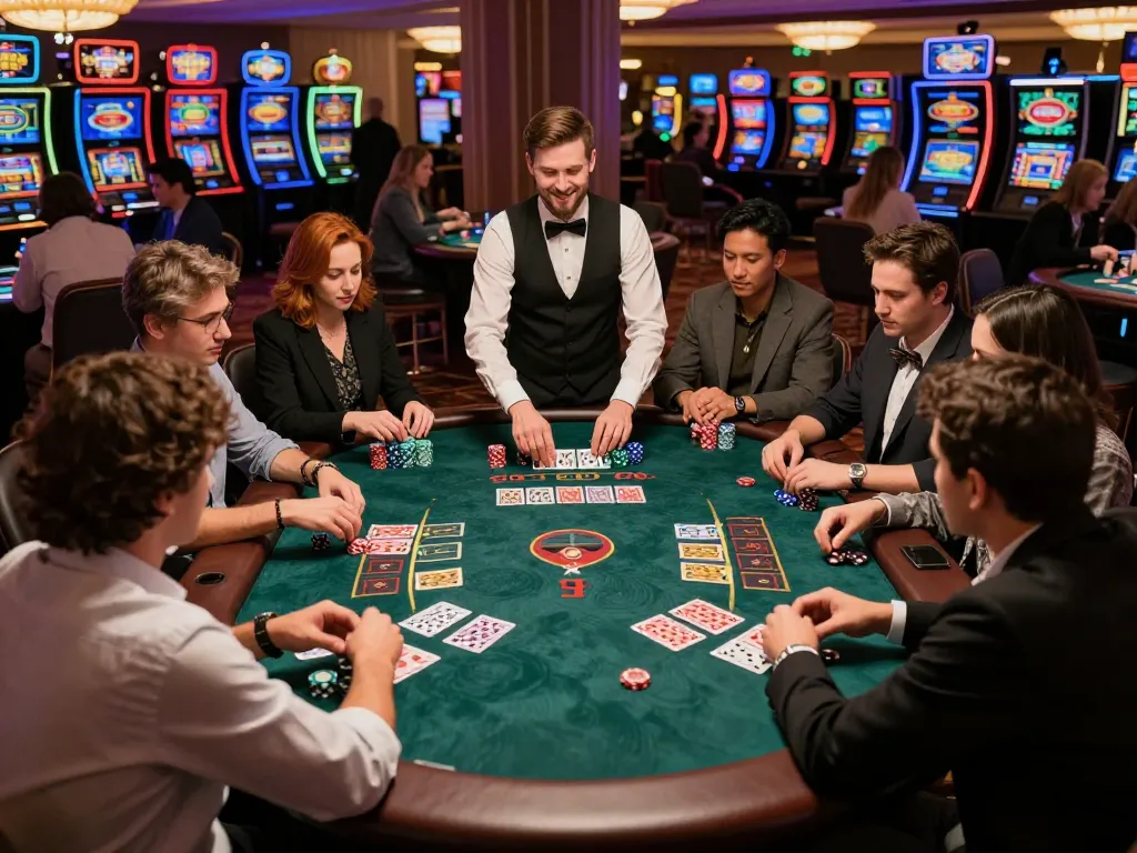 Players enjoying blackjack at 98win casino, showcasing strategic gameplay with vibrant energetic atmosphere.