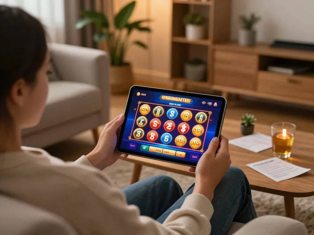 Nohuvn offers engaging online slots, showcasing a player in a cozy home setup enjoying the gameplay on a tablet.
