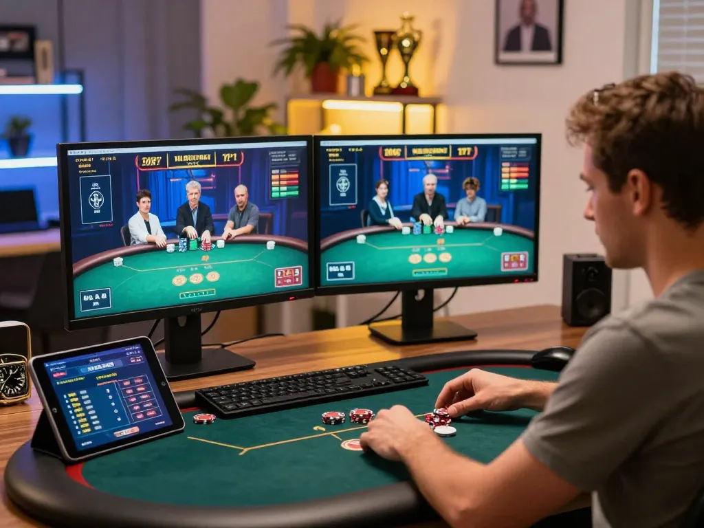 Players engaging in strategic online poker gameplay with KU88 features visible on dual monitors