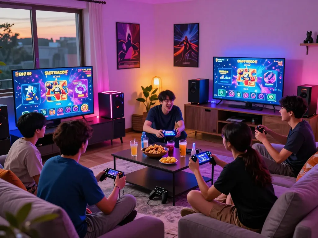 Engaging Slot Gacor gaming experience in a vibrant living room with players, snacks, and colorful LED lights.