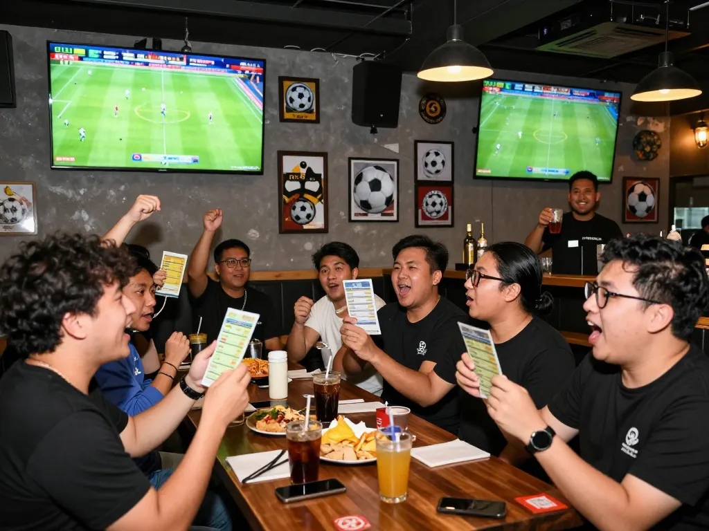 Fans engaging in judi bola betting while watching live football matches in a lively sports bar.