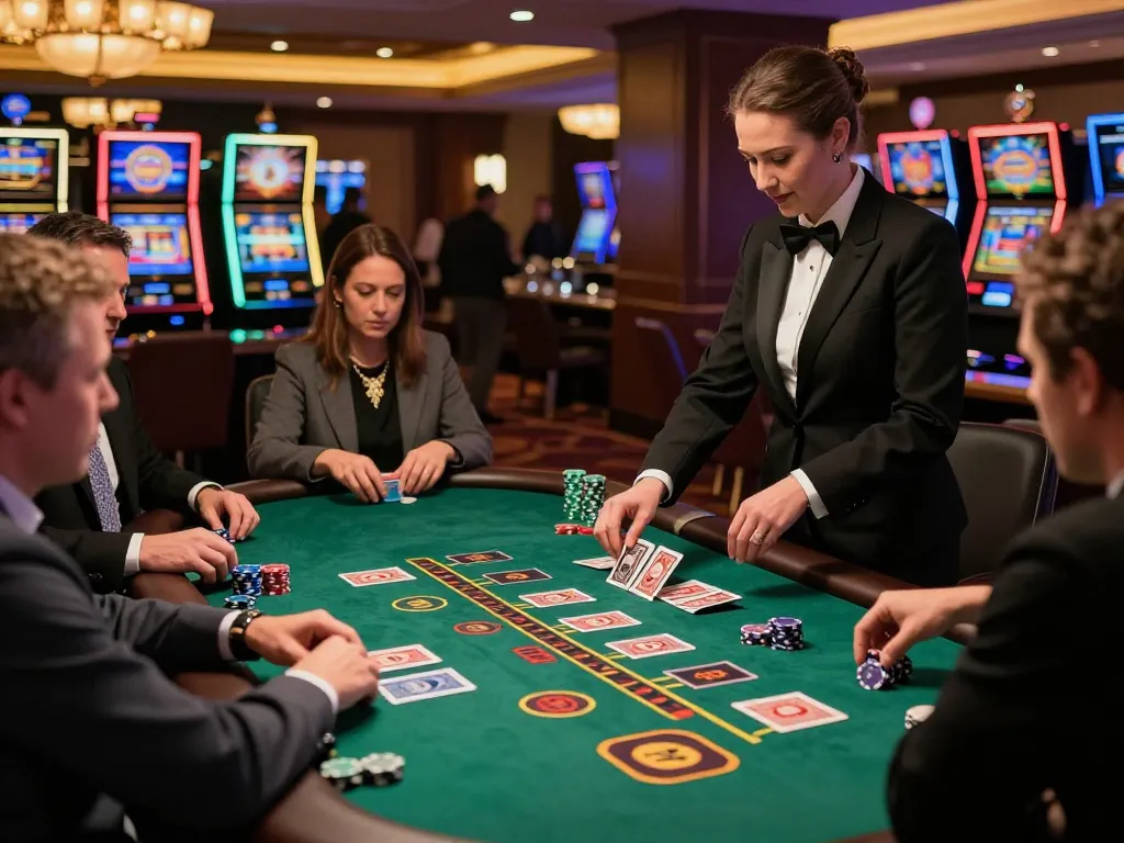 Bsport players strategizing blackjack hands at a glamorous casino table