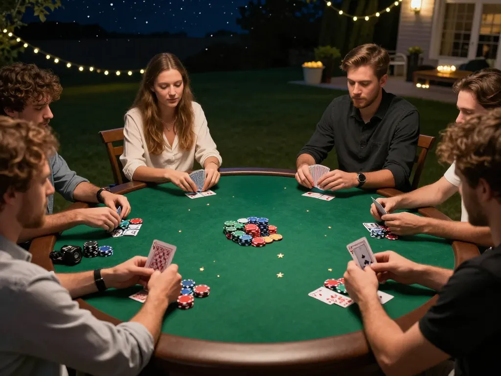 Players enjoying an outdoor poker night at c168 com with vibrant chips and cozy lighting