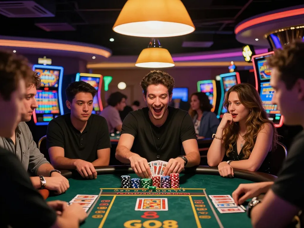 Player celebrating a win at a casino go8 table, vibrant environment with active slot machines.
