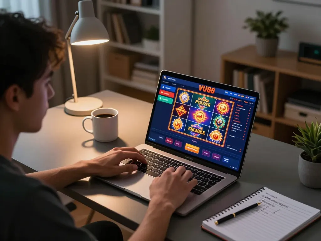 Player enjoying VU88 online casino games on laptop at home, showcasing interactive gaming experience
