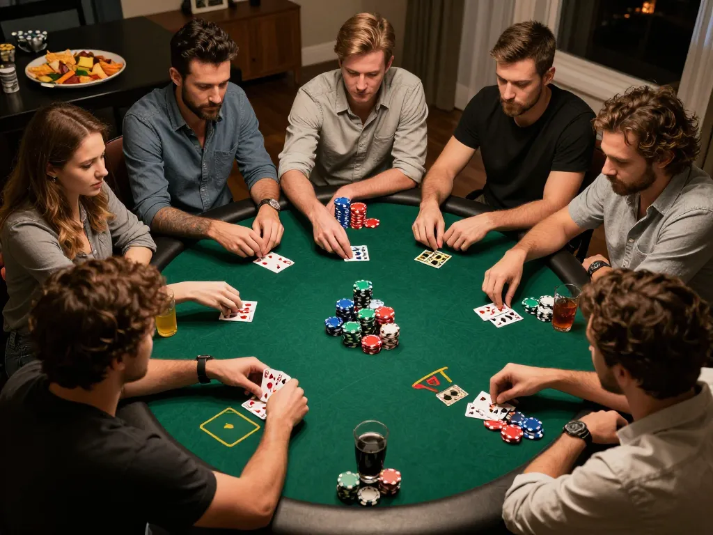 Friends engaged in poker night with link xo88 displayed on laptop screen, showcasing social gambling atmosphere.