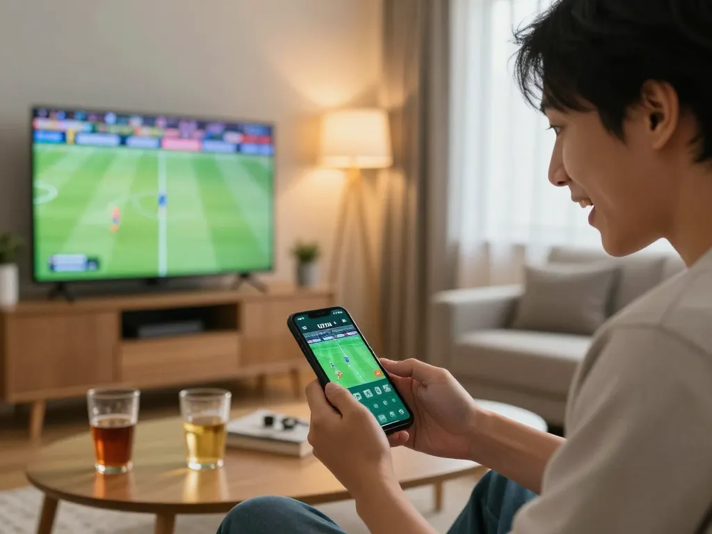 Person engaged with link max88 sports betting app at home, smartphone in hand
