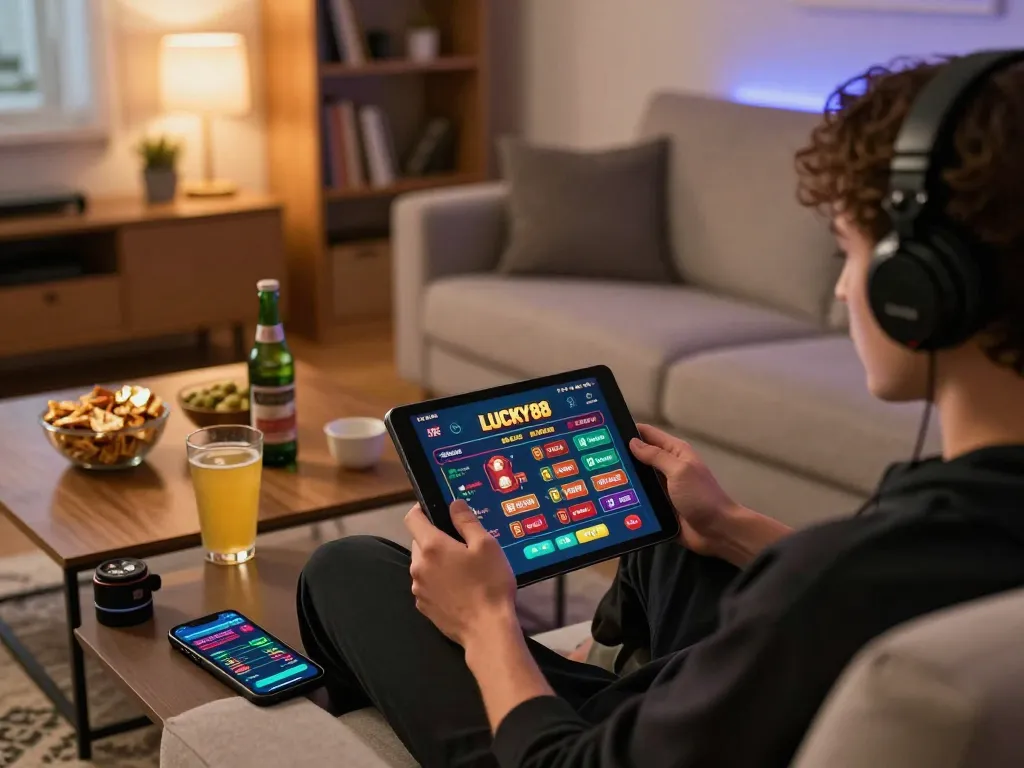 LUCKY88 player engaging in online casino gaming from a cozy home setup with snacks.