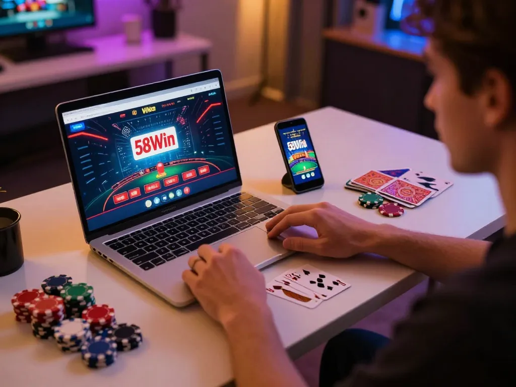 Engaging with the 58Win online casino interface, capturing a cozy gaming atmosphere.