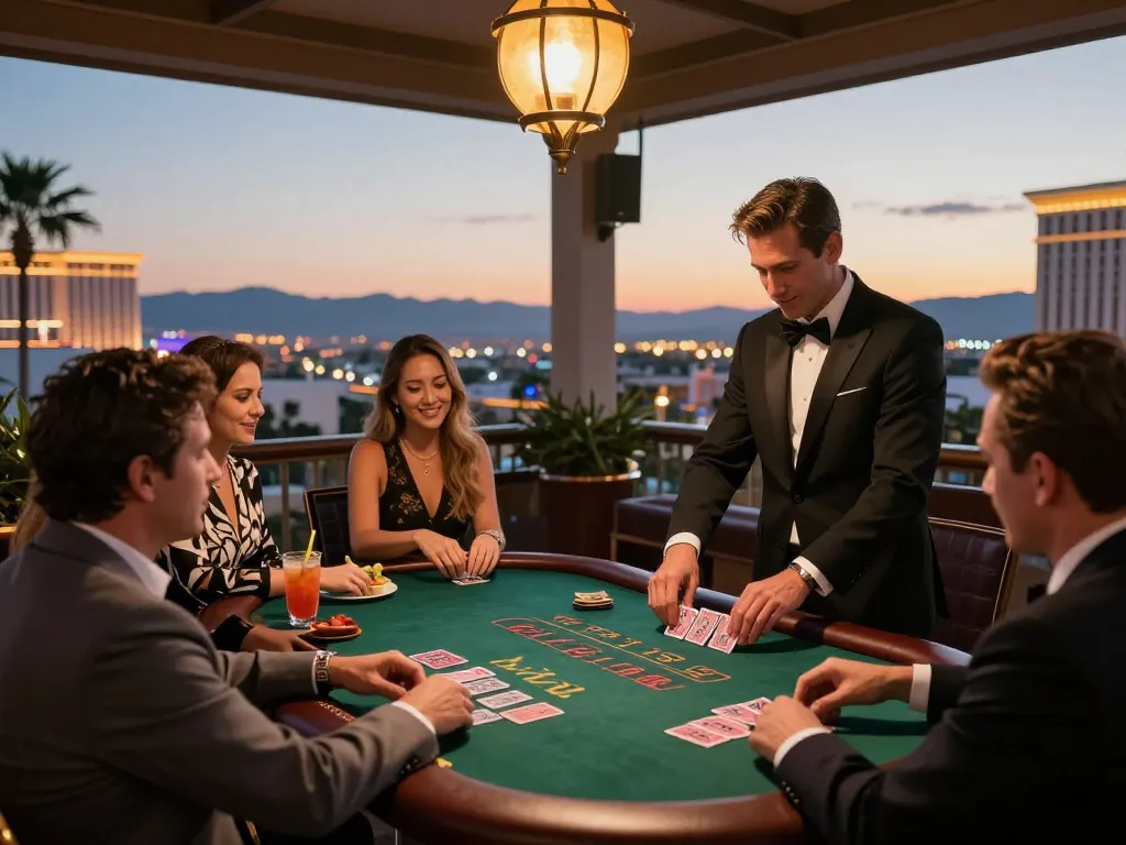 SKY88 blackjack game with players celebrating wins on a luxurious outdoor terrace