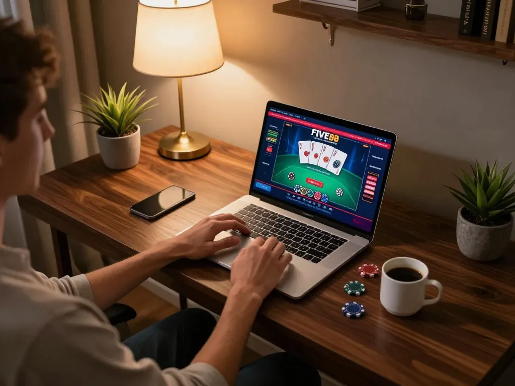 Engaging in online betting at FIVE88 casino with laptop and vibrant live dealer game.