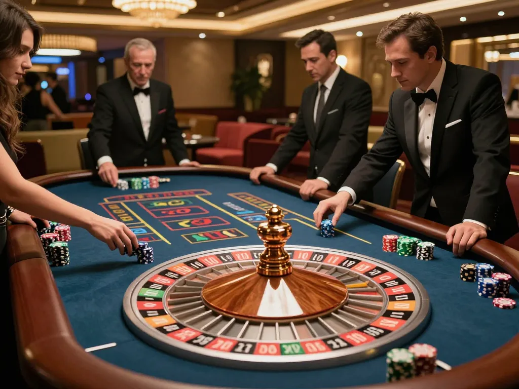 Players engaging in an exciting game of roulette at VK88's upscale casino.
