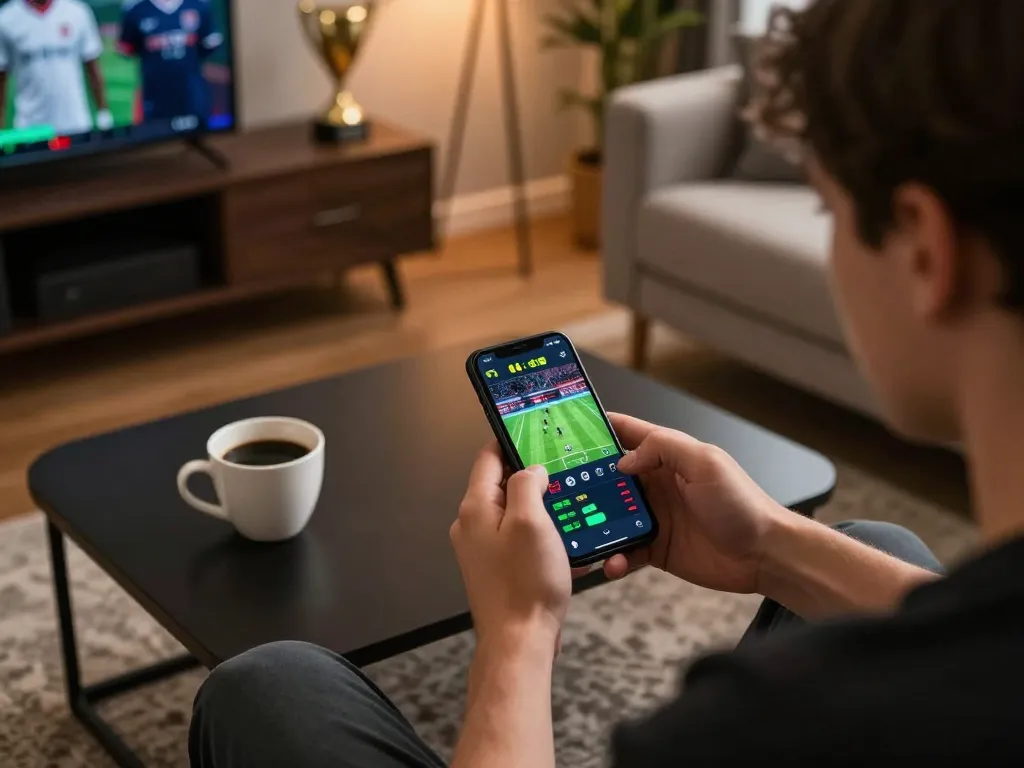 Player immersing in KP88 sports betting app on smartphone in a cozy home environment.