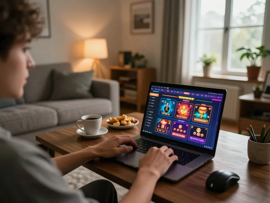 Person playing casino games on 678vip laptop at home with cozy ambiance