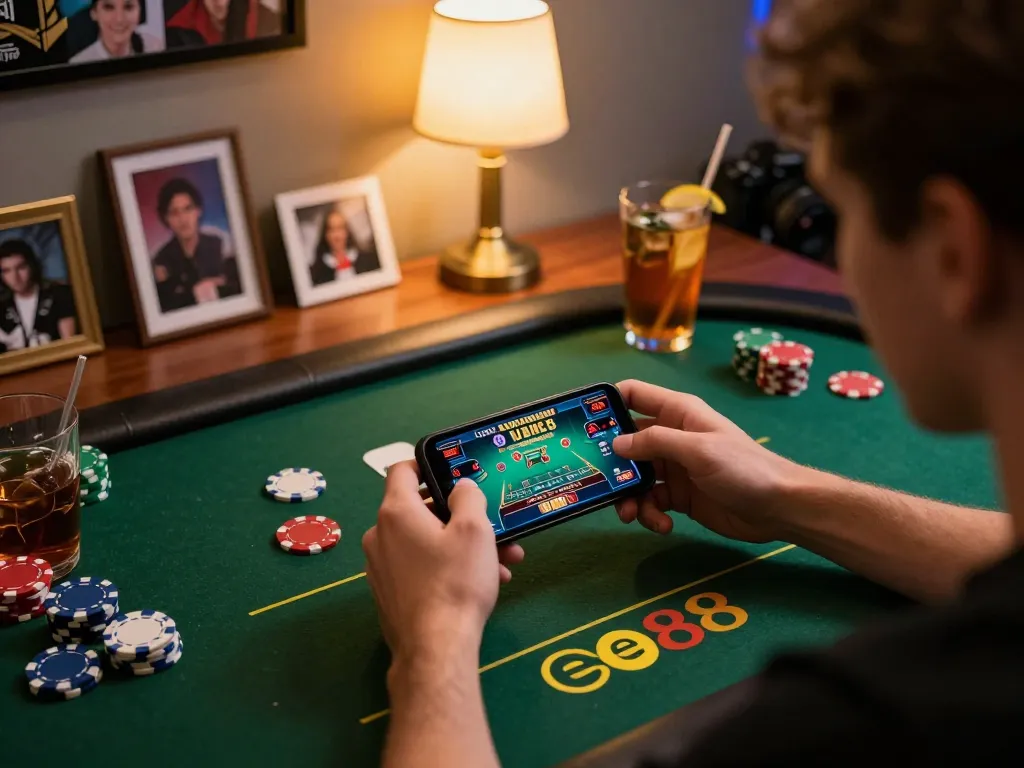 The player enjoying a live dealer game at Ee88 on their smartphone, showcasing an engaging mobile gambling experience with vibrant environment and cozy atmosphere.