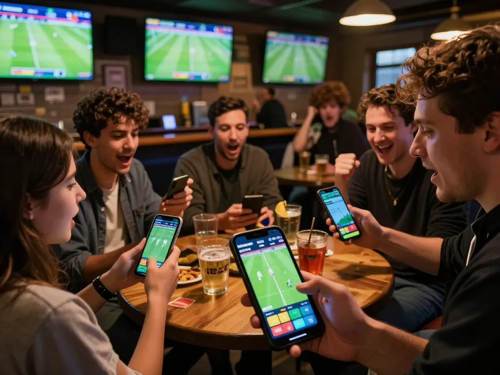 Engaged sports fans checking best soccer betting over on their smartphones in an exciting bar atmosphere.