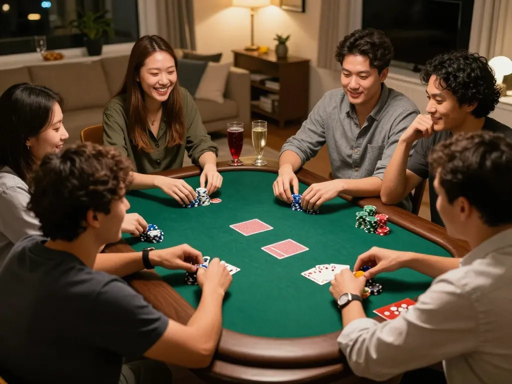 Friends enjoying a thrilling poker game at home, highlighting the LC88 strategic gameplay atmosphere.
