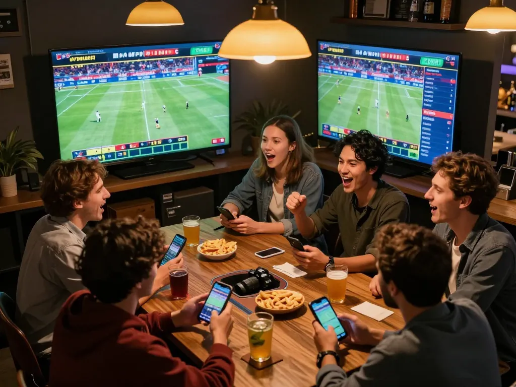 Friends engaging in sports betting excitement on smartphones, enjoying a lively atmosphere at ee88.