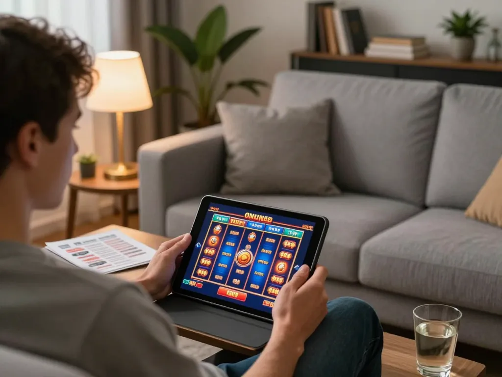 Player using 888b app on tablet at home, showcasing responsible online casino gaming.