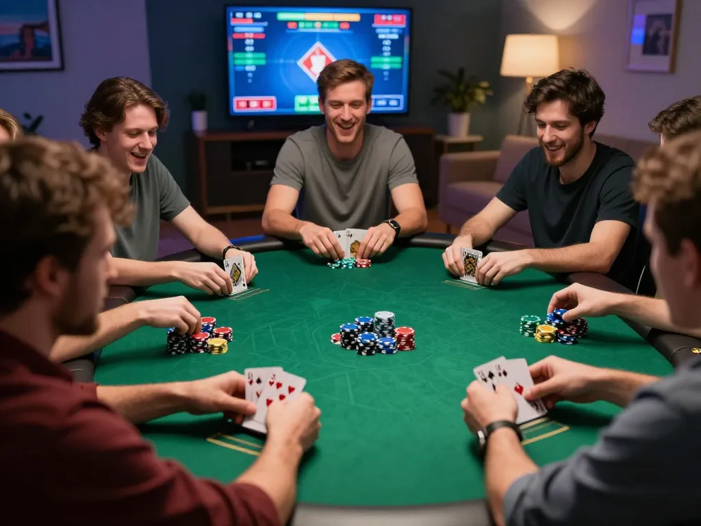 Players enjoying a thrilling live poker game at a Nhà cái uy tín online casino with vibrant digital atmosphere.