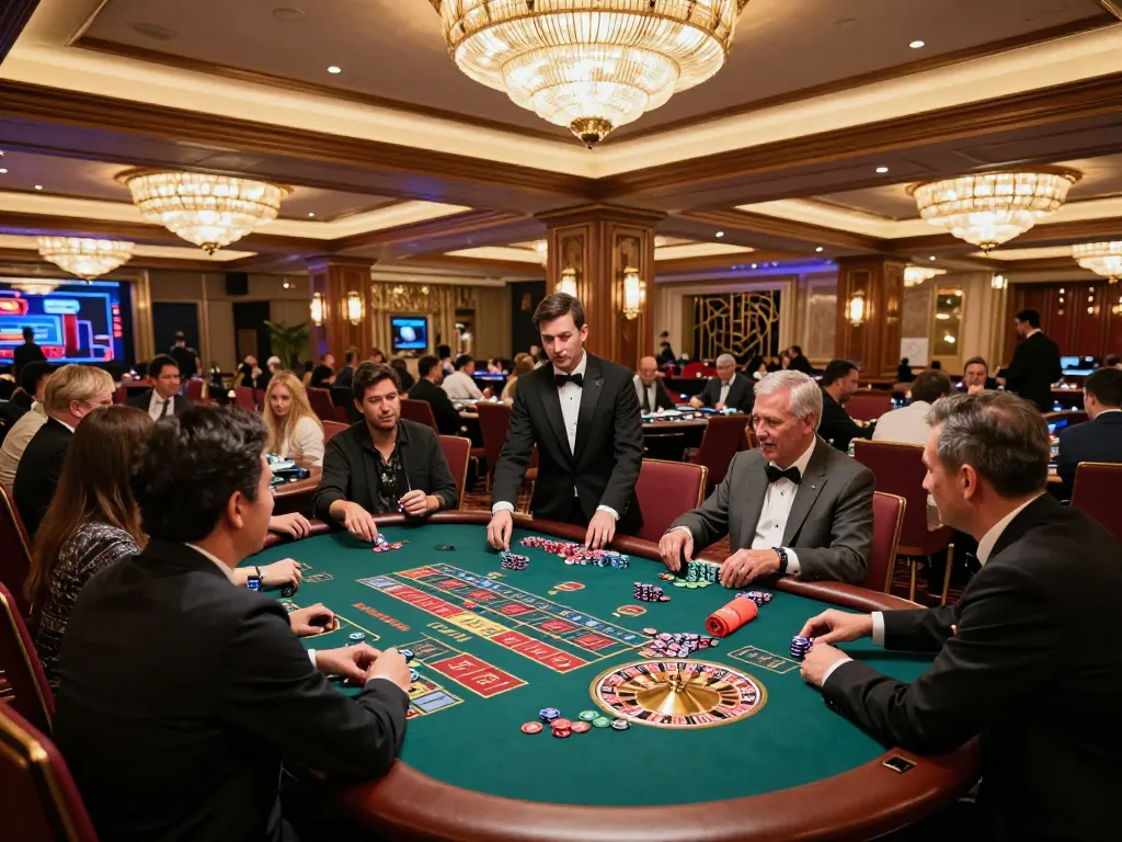 Players engaged at SAM86 casino tables strategizing for wins amidst vibrant lights and luxury decor.