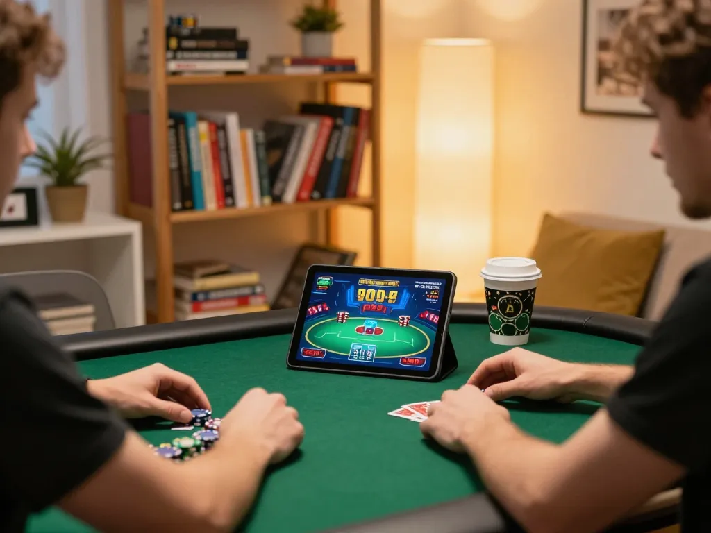 LUCK8 player enjoying online poker game on tablet in cozy home setting, reflecting strategic gameplay.
