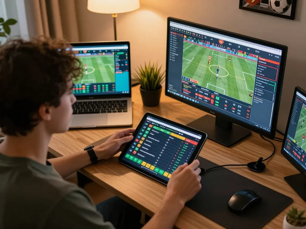 tv88 user engaging in live sports betting with multiple devices in a focused home office.