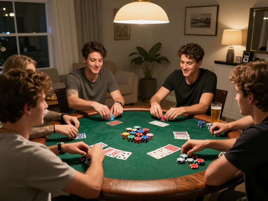 Friends enjoying a lively poker night at home while playing games on 888now, showcasing camaraderie and excitement.