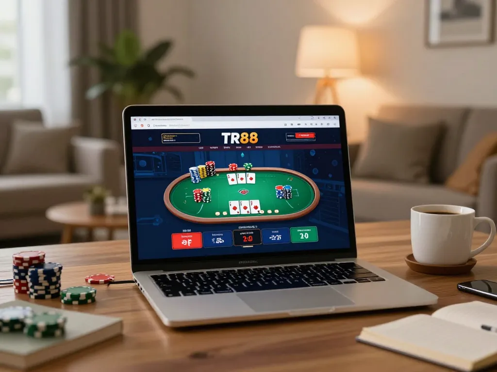 Engage with TR88's online casino experience while enjoying a cozy setup with poker gameplay.