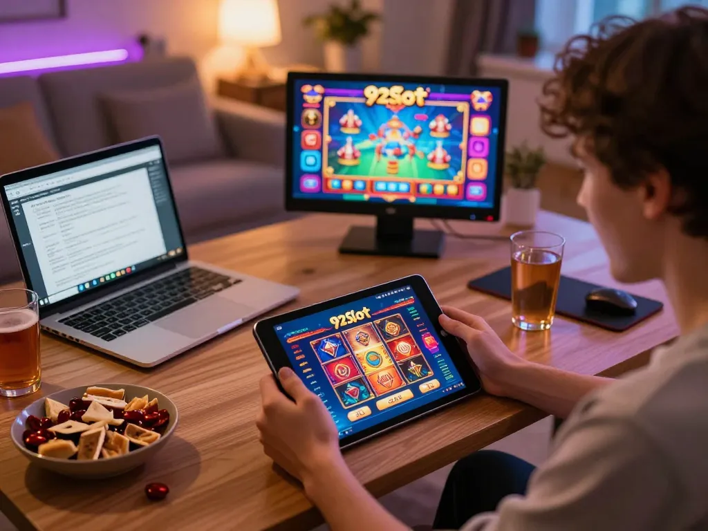 Engaging with the 92slot app on a tablet during a cozy home gaming session.