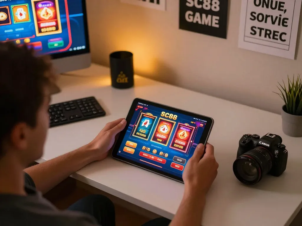 Engaging with the SC88 Game on a tablet in a cozy home office setting.