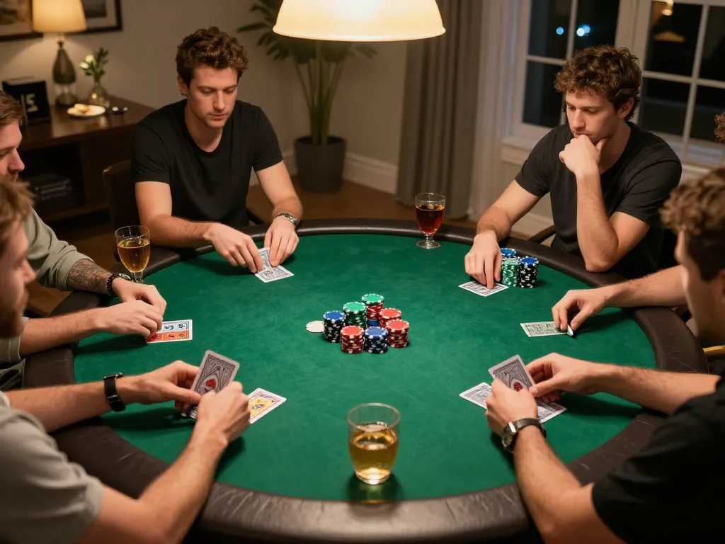 Players strategizing a thrilling poker game at home, showcasing 88vv-themed chips and cards.