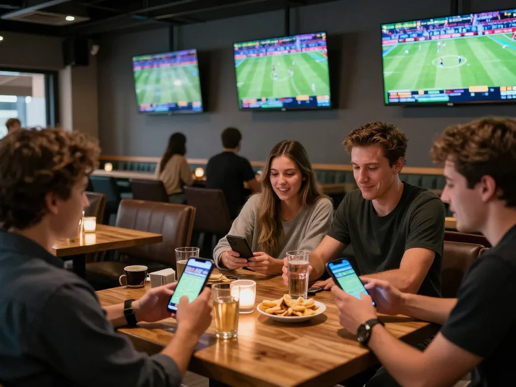 Kèo nhà cái enthusiasts engaging in live sports betting at a vibrant bar