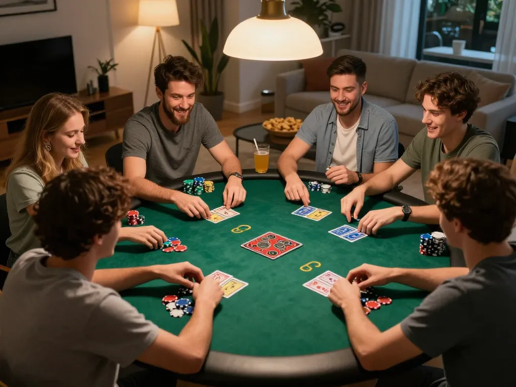 Friends immersed in DA88 poker game at home, showcasing vibrant chips and community cards