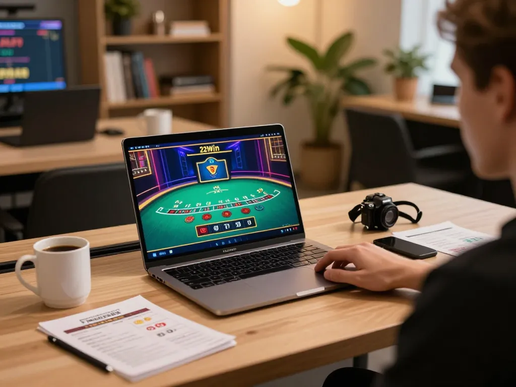 32win player engaged in an online blackjack game on a laptop, illustrating a comfortable gaming setup.