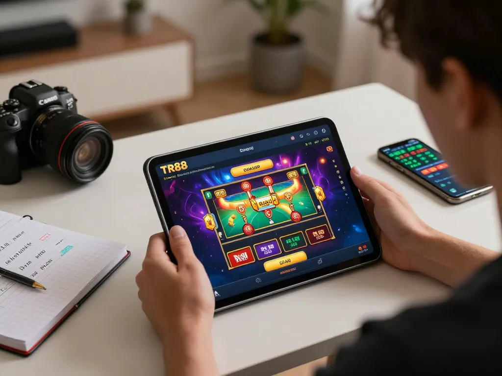 Player engaging in TR88 đăng nhập for online gaming with vibrant tablet graphics