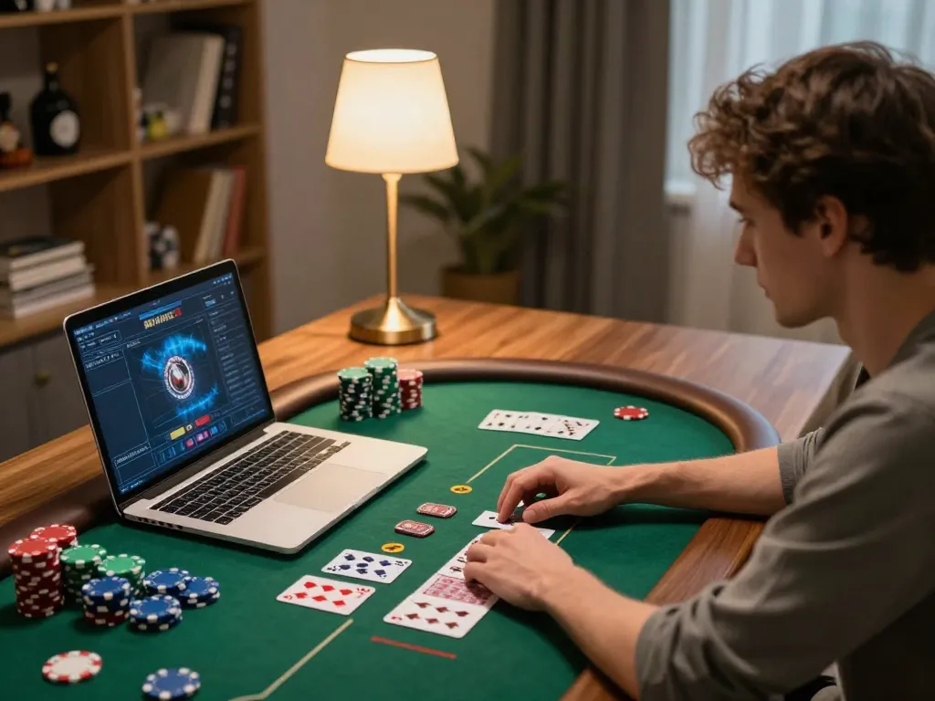 vt88 player immersed in online poker game at home with colorful chips and cards.