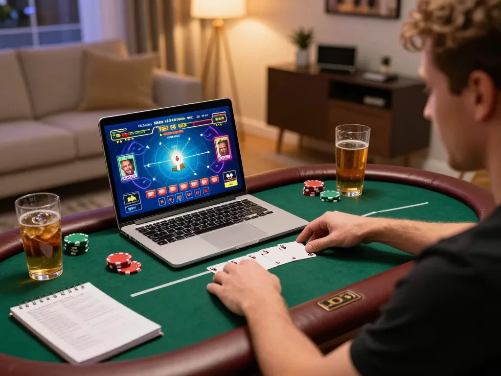 Person enjoying a poker game on sp8beta laptop, highlighting strategic online gaming in a cozy atmosphere