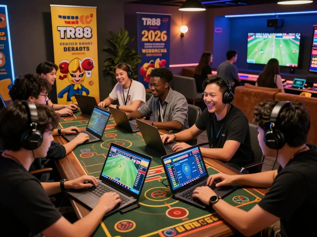 Players enjoying TR88's diverse online gaming experience in a vibrant lounge