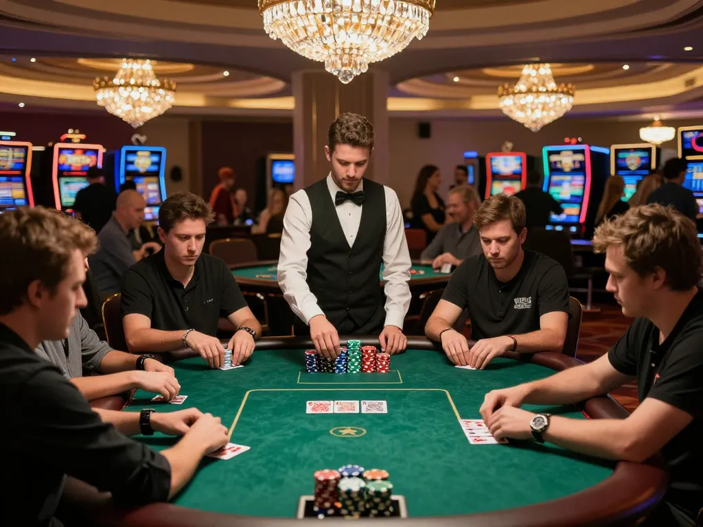 SIN88 poker players strategizing their moves at an upscale casino table with vibrant ambiance, showcasing competitive spirit