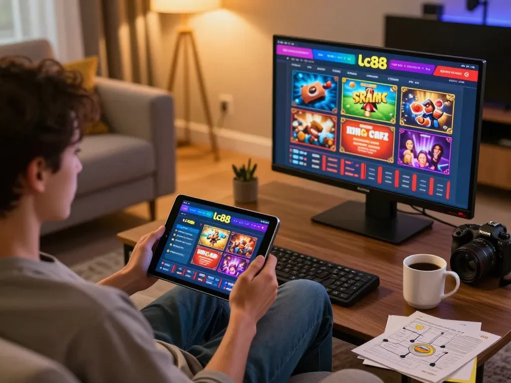 Using the lc88 link on a tablet for online gaming, showing vibrant game interface and cozy living room.