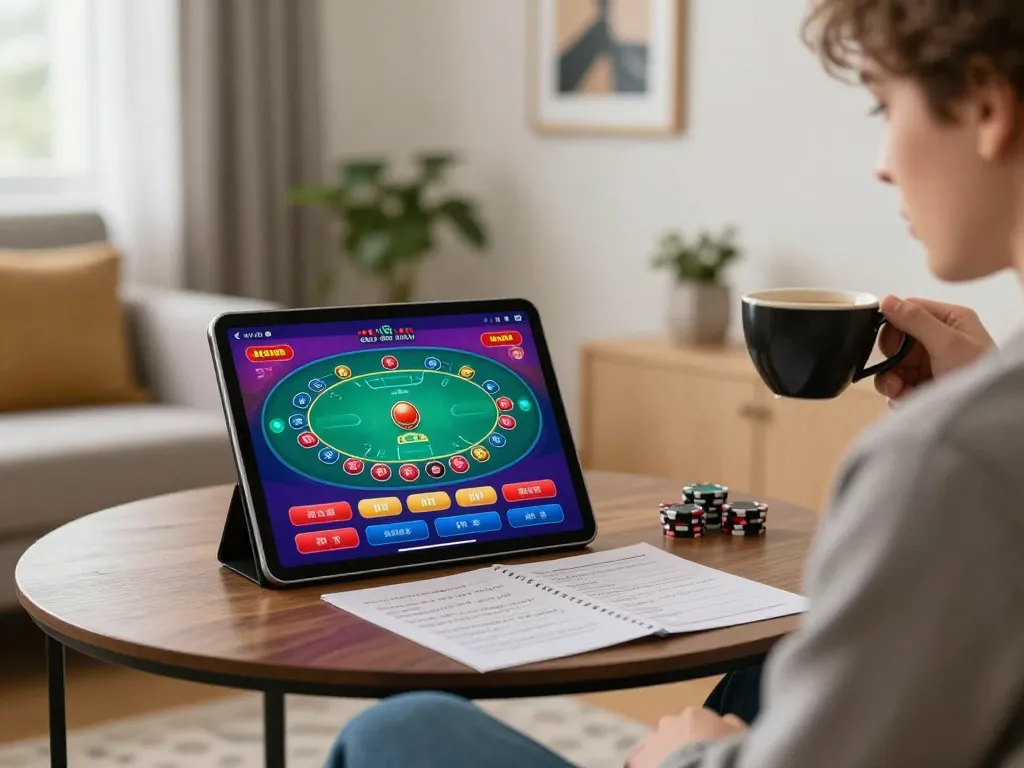 Player engaged in online LODE88 poker using a tablet, showcasing strategic game planning.