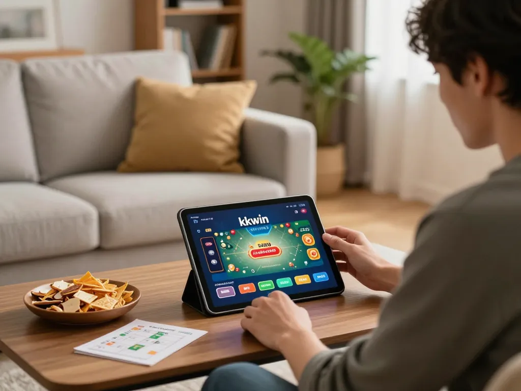 Player engaging with kkwin casino app on tablet in cozy home setting.